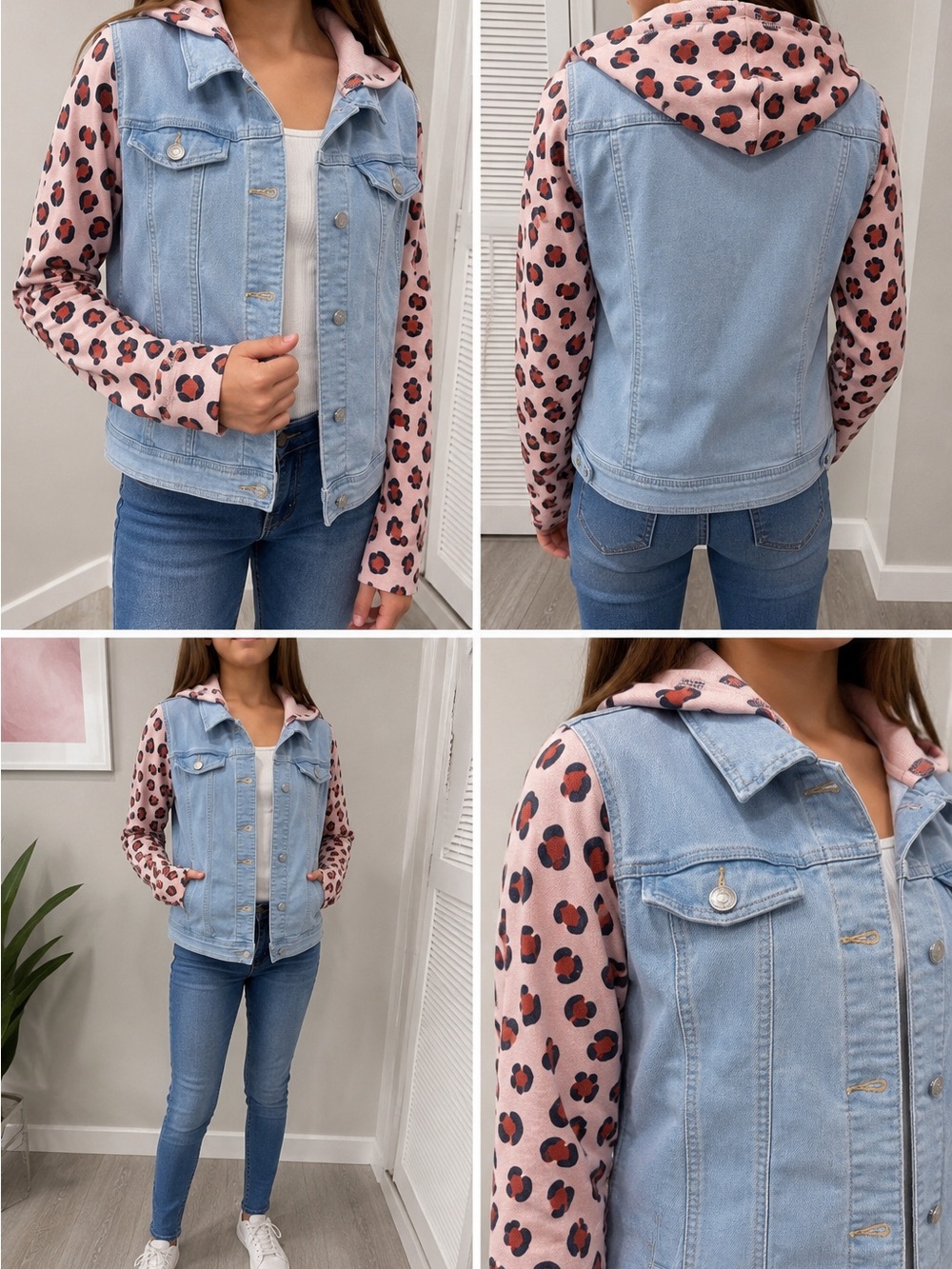 Light Blue Denim Jacket with Pink Leopard Hoodie